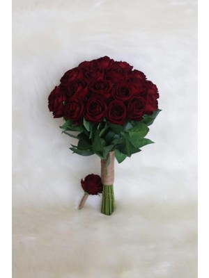 Hayalperest Boncuk Koyu Kırmızı Kadife Güllü Gelin Buketi Gelin El Çiçeği