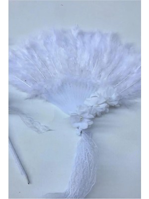 Hayalperest Boncuk Beyaz Tüylü Gelin Yelpazesi ve Süslenmiş Kalem Gelin Yelpazesi Nikah Kalemi