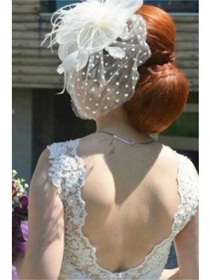 Hayalperest Boncuk Beyaz Puantiyeli Gelin Kepi Nikah Şapkası Vualet