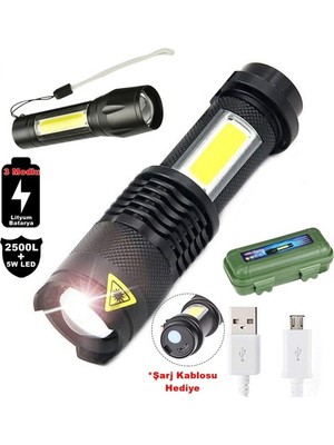 Kornea Store Su Geçirmez Şarjlı El Feneri 2500 Lumens + 5W Cob LED USB Lion Şarjlı Ultra Güçlü Q5 Xpe (K246)