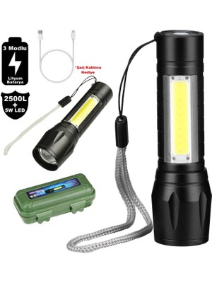 Kornea Store Su Geçirmez Şarjlı El Feneri 2500 Lumens + 5W Cob LED USB Lion Şarjlı Ultra Güçlü Q5 Xpe (K246)