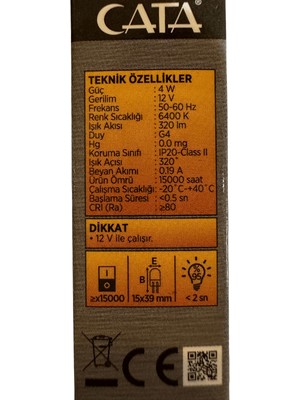 Cata CT-4252 4W 12V 6400K (Beyaz Işık) G4 Duylu LED Kapsül Ampul (4 Adet)