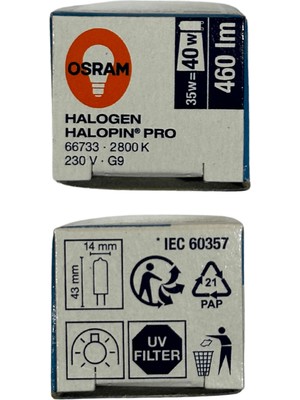 Osram Halopin Pro 35W (40W) 2800K (Sarı Işık) G9 Duylu Halojen Ampul (4 Adet)