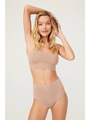 Cottonhill Yüksek Bel Basic Lazer Kesim Kadın Bikini Külot-Kahverengi