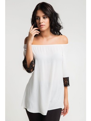 Laranor Dantel Detay Madonna Yaka Bluz 38 - Ecru