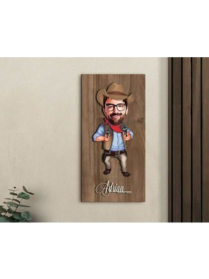 Bk Gift Kişiye Özel Kovboy Karikatürlü Kabartma Figürlü Ahşap Tablo-4, Arkadaşa Hediye, Sevgiliye Hediye, Duvar Dekoru