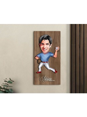 Bk Gift Kişiye Özel Beyzbol Karikatürlü Kabartma Figürlü Ahşap Tablo-1, Arkadaşa Hediye, Sevgiliye Hediye, Duvar Dekoru