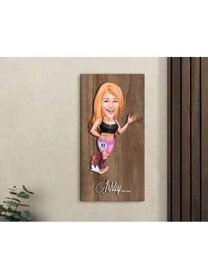 Bk Gift Kişiye Özel Kadın Koşu Karikatürlü Kabartma Figürlü Ahşap Tablo-2, Arkadaşa Hediye, Sevgiliye Hediye, Duvar Dekoru