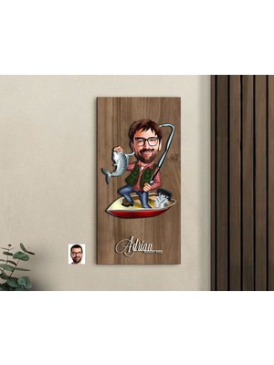 Bk Gift Kişiye Özel Balıkçı Karikatürlü Kabartma Figürlü Ahşap Tablo-7, Arkadaşa Hediye, Sevgiliye Hediye, Duvar Dekoru