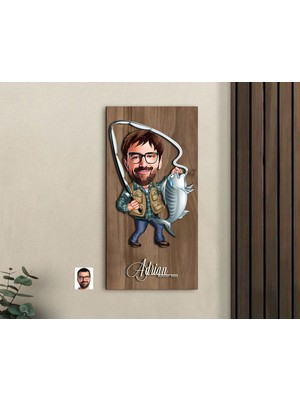 Bk Gift Kişiye Özel Balıkçı Karikatürlü Kabartma Figürlü Ahşap Tablo-1, Arkadaşa Hediye, Sevgiliye Hediye, Duvar Dekoru