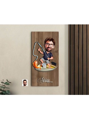 Bk Gift Kişiye Özel Balıkçı Karikatürlü Kabartma Figürlü Ahşap Tablo-4, Arkadaşa Hediye, Sevgiliye Hediye, Duvar Dekoru