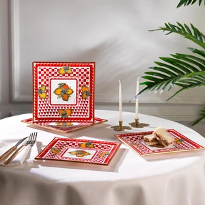 Print 4 Parça Kare Pasta Seti-Kırmızı