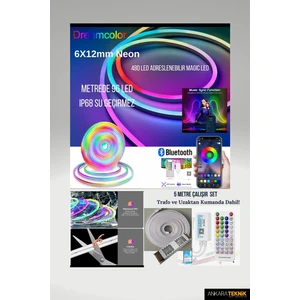 Piksel Neon LED (6X12MM) 5 Metre Hazır Kumandalı Set/ IP68 Koruma / Adreslenebilir / Müzik Kontrol