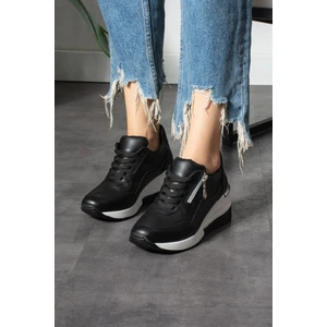 Siyah (Beyaz Taban) Fermuarlı Bağcıklı Yüksek Topuklu Günlük Kadın Sneaker