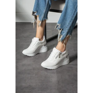 Beyaz Fermuarlı Bağcıklı Yüksek Topuklu Günlük Kadın Sneaker