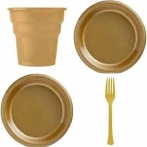 Plastik Tabak Bardak Çatal Seti Gold