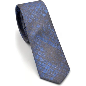 Mavi Kare Desenli Koyu Gri Dokuma Kumaş Mendilli Slim Fit Kravat // SDK-240104