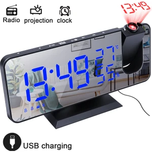 Inters Tech Çok Fonksiyonlu LED USB Dijital Ayna Projeksiyon Çalar Saat Ev Fm Radyo Termometre Higrometre USB Uyandırma Izle 180 ° Projektör Zaman Erteleme