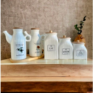 PEMBELİA LİFE 6 Parça Bambu Standlı Çizgili Porselen 1000ML Yağdanlık ve 3’lu Çay Şeker Türk Kahve Kavanoz Seti
