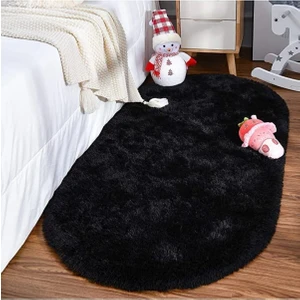 Siyah Oval Post Halı Peluş Yumuşak Kaymaz Dot Taban
