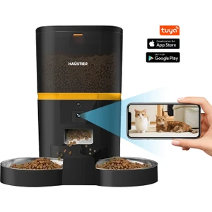 QQ005-Dual Kameralı Akıllı Otomatik Kedi Mama Kabı, App Uzaktan Kontrol, Sesle Çağırma, 480P Kamera, 6lt Hazne, Çift Metal Kase