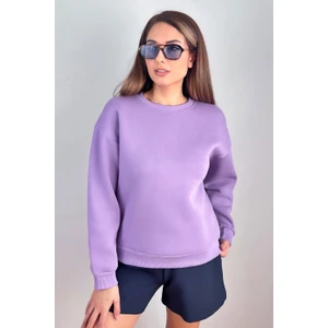 Kadın Cozy Içi Polarlı Mor Basic Bisiklet Yaka Pamuklu Kalın Örme Sweatshirt