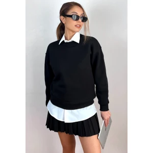 Kadın Cozy Içi Polarlı Siyah Basic Bisiklet Yaka Pamuklu Kalın Örme Sweatshirt
