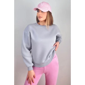 Kadın Cozy Içi Polarlı Gri Basic Bisiklet Yaka Pamuklu Kalın Örme Sweatshirt