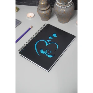 Kuğu Aşk Tasarım Siyah Ahşap Kapaklı Defter Çizgisiz Defter Sevgiliye A5 Notebook