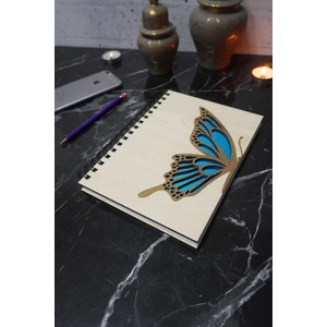 Kelebek Desenli Ahşap Kapaklı Defter Ajanda Günlük Çizgisiz Defter A5 Notebook