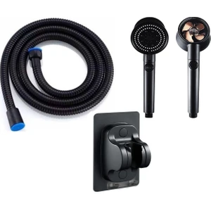 Almital Mobilya Aksesuarlari Settı Docıa 3'lü Set, Siyah 5 Fonksiyonlu Turbo Fan Pervaneli Duş Başlığı, 1.5 Mt. PVC Siyah Hortum, Yapışkanlı Duş Başlığı Tutucu