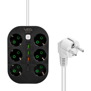 Vea VE-22399 6 Lı Kablolu 3 USB Li Type C Siyah Grup Priz 1.5 Metre Uzatma Kablosu Anahtarlı Hızlı Şarj