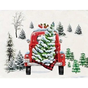 Sister Home Design Kırmızı Truck ve Çamlar Desenli Amerikan Servisi Dikdörtgen 35 x 50 cm