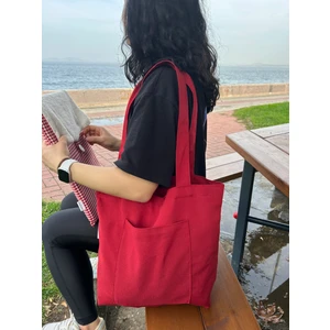 Sumicorn Design Kırmızı Çevre Dostu Bez Çanta,cepli Keten Kol ve Omuz Çantası,alışveriş Çantası