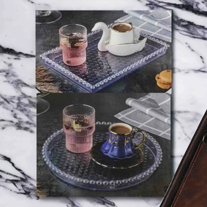 Elite Home Elite  2 Adet Kristal  Boncuklu Şeffaf Sunum ve Servis Tepsisi (Yuvarlak + Dikdörgen )