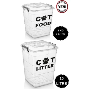 Kedi Mama 3 kg ve Kedi Kumu 10 Lt Saklama Kabı Seti Mama Saklama Kabı Kedi Maması ve Kumu 2 Li Set