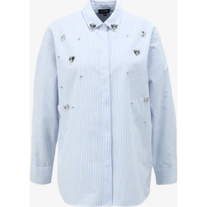 Basic Gömlek Yaka Çizgili Mavi - Beyaz Kadın Gömlek F4SL-GML0028