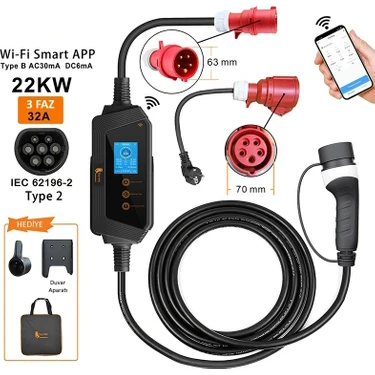 Feyree 32A 3 Faz Tip 2 Şarj Kablosu 22KW Wıfı-App Özellikli 5m Ev Şarj Cihazı Elektrikli Araç Şarj