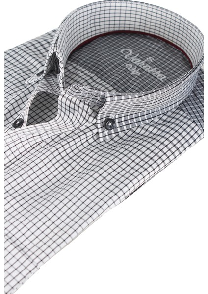 Erkek Beyaz Gri Cepli Klasik Kesim Kareli Uzun Kollu Gömlek