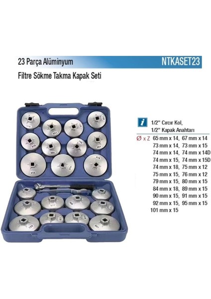 Nt Tools 23 Parça Alüminyum Kapak Tip Filtre Sökme Takma Seti NTKASET23