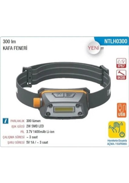 Ntligths 300 Lümen Şarjlı Kafa Feneri 2W Harekete Duyarlı Açma Kapama NTLH0300