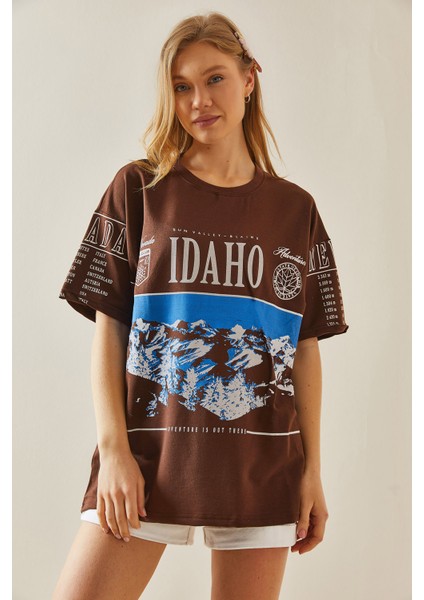 Kahverengi Baskılı Bisiklet Yaka Oversize T-Shirt 5YXK1-48004-18