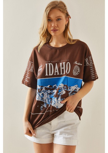 Kahverengi Baskılı Bisiklet Yaka Oversize T-Shirt 5YXK1-48004-18 fiyatları