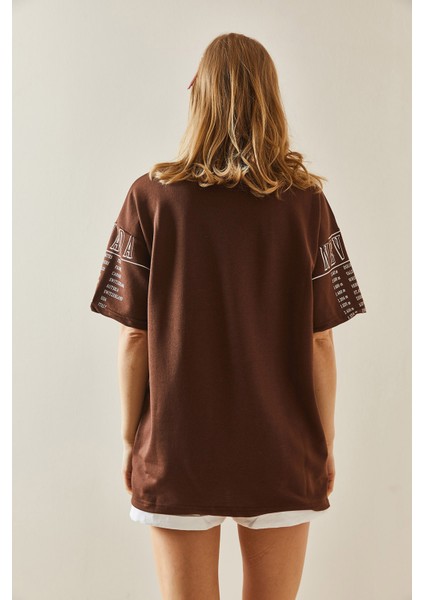 Kahverengi Baskılı Bisiklet Yaka Oversize T-Shirt 5YXK1-48004-18 modelleri