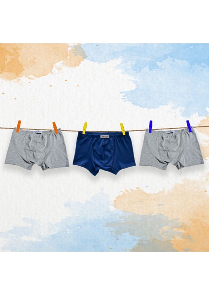 3'lü Erkek Çocuk Boxer ( 2 Adet Gri - Saks Mavi )