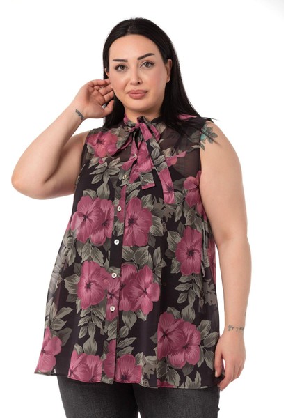 Büyük Beden Kendinden Fularlı Kolsuz Çiçek Desenli Şifon Mürdüm Gömlek