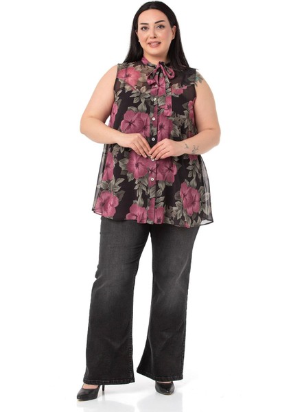Büyük Beden Kendinden Fularlı Kolsuz Çiçek Desenli Şifon Mürdüm Gömlek fiyatları