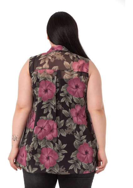 Büyük Beden Kendinden Fularlı Kolsuz Çiçek Desenli Şifon Mürdüm Gömlek modelleri