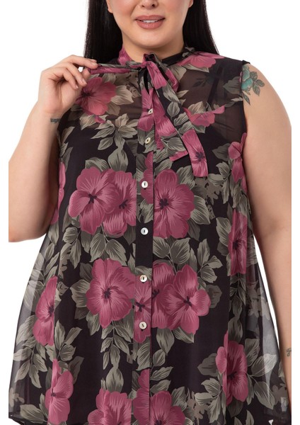 Büyük Beden Kendinden Fularlı Kolsuz Çiçek Desenli Şifon Mürdüm Gömlek fırsatları