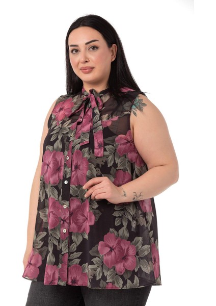 Büyük Beden Kendinden Fularlı Kolsuz Çiçek Desenli Şifon Mürdüm Gömlek indirimleri